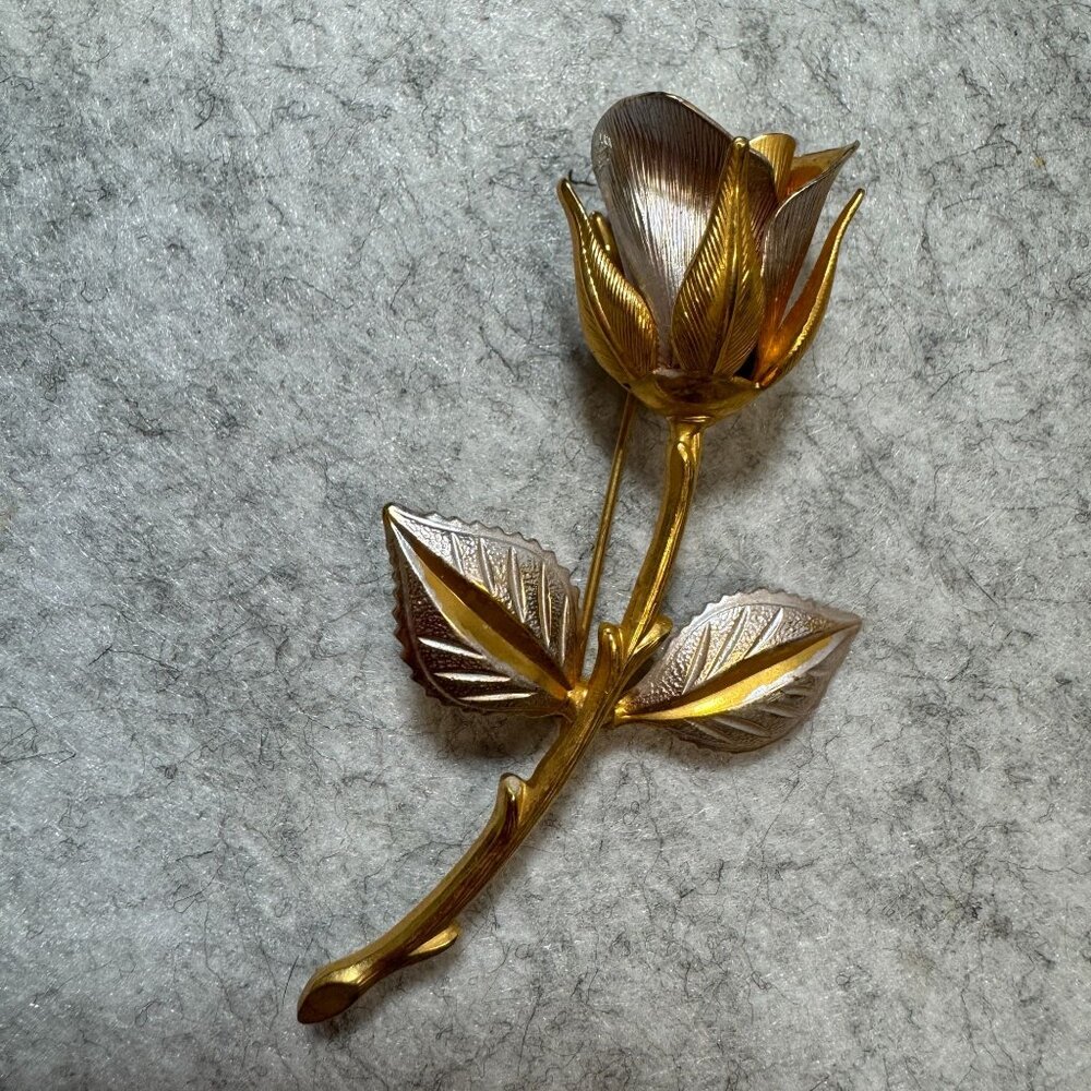 Vintage Gold & Silver Tone Metal Rose Flower Brooch Pin Jewelry 1960's